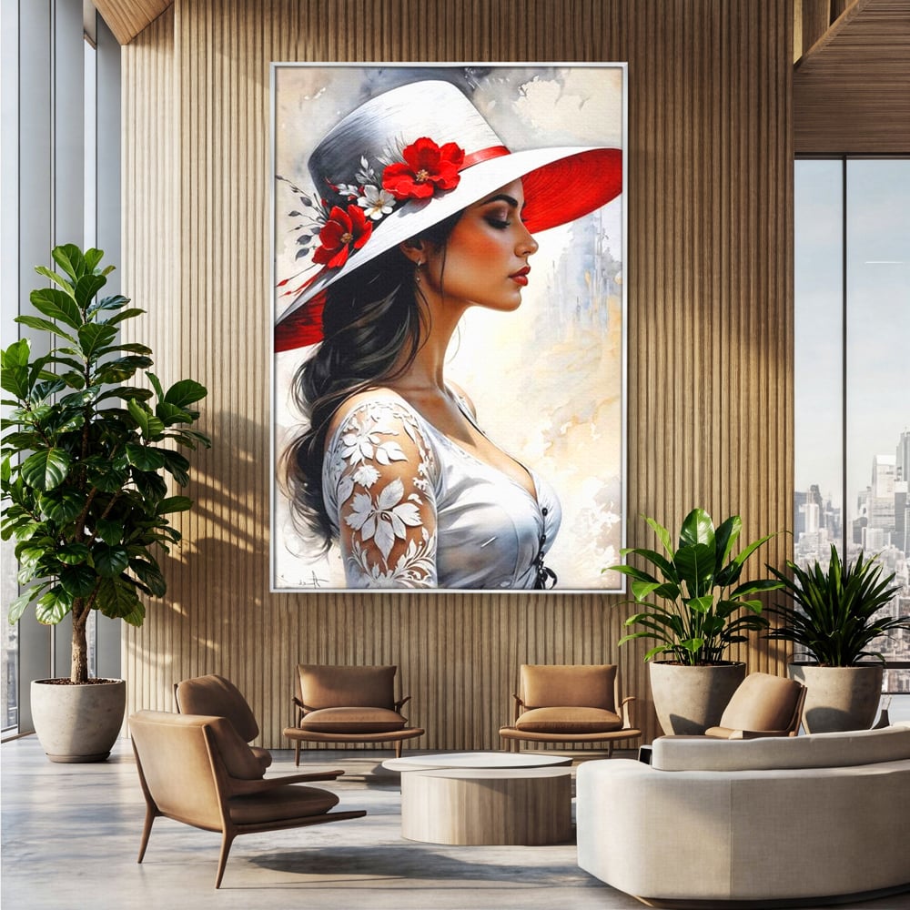 Tablou canvas cu tablou canvas cu profil de doamna, in rama de aluminiu argintiu, pe perete intr-un birou